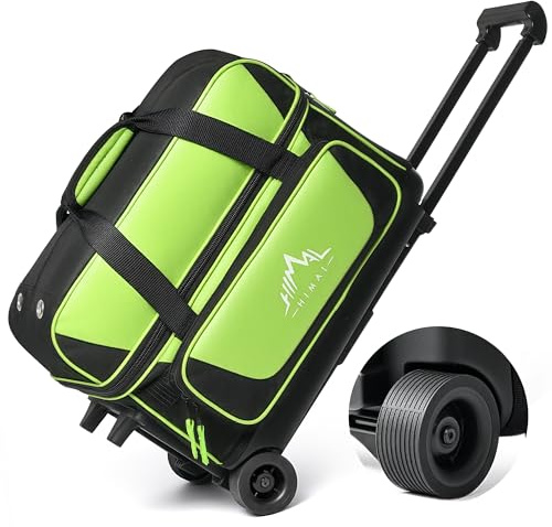 GoHimal Double Roller 2 Ball Bowling Bag with Separate Shoe Compartment for Bowling Shoes (Up To US Mens Size 15) and Oversized Accessory Pocket, Retractable Handle - Extends to 40 (Black-Green)