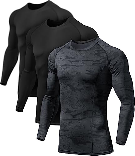 ATHLIO Men's UPF 50+ Long Sleeve Compression Shirts, Water Sports Rash Guard Base Layer, Athletic Workout Shirt, 3pack Black/Black/Camo Black, Large