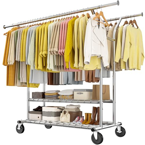 Raybee Clothing Rack Load 630 LBS, Clothes Racks for Hanging Clothes, Rolling Heavy Duty Clothing Rack, Metal Garment Rack for Clothes Storage Bedroom Closet Laundry Room
