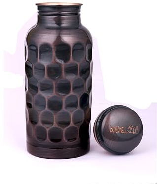 Buyerwell Botella de agua martillada de cobre puro con diamante antiguo de 500 ml con tapa a prueba de fugas, recomendación Ayurveda, recipiente de cobre para beber más agua, botella de agua pequeña