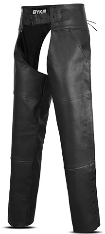 BYKR Läder motorcykel chaps för män och kvinnor overpants cowboy ridning cyklist vintage chap byxor justerbar midja och längd, Svart, 34inch