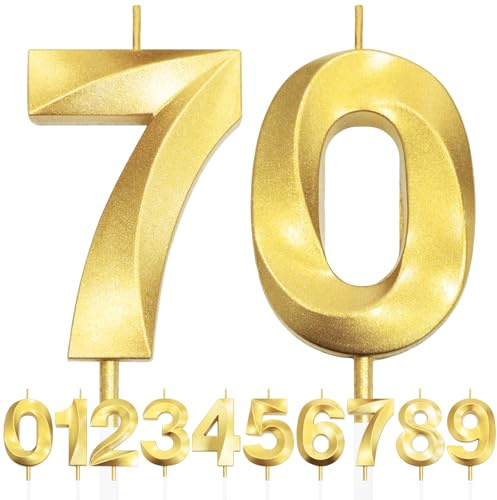 70th Birthday Candle, 3D Design Gold Glitter Number Candles, Cake Topper Decorations, Cake Candle for Birthday Party, Wedding Anniversary, Baby Shower, Party Decoration