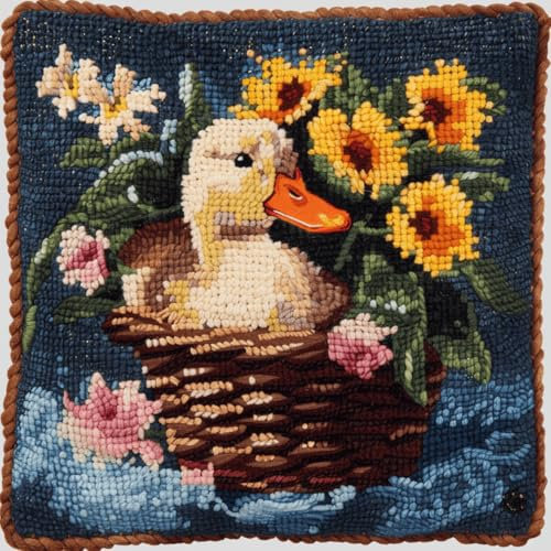 RKFLGEW DIY knüpfen set erwachsene Enten- und Blumenkorb knüpfkissen set Cartoon-Tiere DIY-Kissenbezug，Häkelgarn，Nadel，Basteln，handgefertigtes Kissen für Zuhause，Sofa-Dekoration 43x43cm