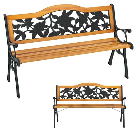 KOMFOTTEU 3 Sitzer Gartenbank, Holzbank mit Metallrahmen, Parkbank mit Armlehnen & Rückenlehne, Außenbank bis 210 kg belastbar, für Terrasse Balkon Garten (Modell 3, 126 x 52 x 77 cm)
