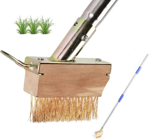 Brosse anti-mauvaises herbes à manche long de 1,6 m en acier inoxydable, outil d'extraction de mousse, balai métallique avec poils métalliques coudés et grattoir à lame pour nettoyer les pavés de
