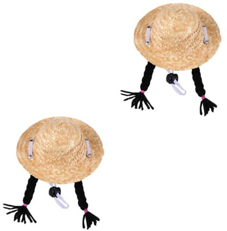 BESPORTBLE 2stücke Adorable Katzenstrohhut Mit Perücke Verstellbarer Sonnenhut Für Haustiere Für Fotoshootings Und Partys Aus Weichem Strapazierfähigem Strohmaterial Schwarze Zöpfe