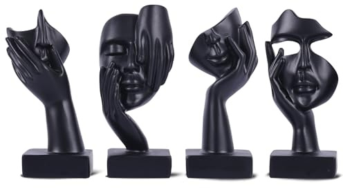 oliruim Schwarze abstrakte Gesichts-Deko-Figuren kleine Skulpturen 4er-Set, Kunstskulpturen Frauen-Gesicht für modernes Wohnzimmer, Bücherregal, Frauen-Schlafzimmer, Deko für Regal (Schwarz)