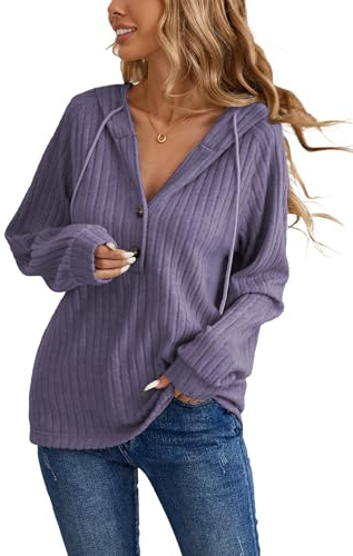 iChunhua Lightweight V Neck Hoodies for Women Uk Knitted Long Sleeve Hooded Tops With Buttons Thin Plain Hooded Sweatshirts