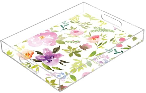 Plateau rectangulaire en acrylique transparent avec poignées, 30,5 x 40,6 cm, plateau décoratif en acrylique, aquarelle, motif fleurs, plateau de service en acrylique imperméable