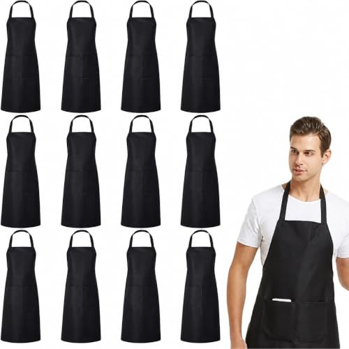 LYCN 18 Stück Schwarze Kochschürzen, Verstellbar, mit 2 Taschen, 63x78cm