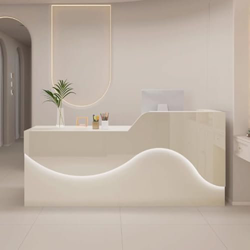 GUQASDV Empfangstheke Rezeption, Empfangstresen für Praxis, Reception Desk Modern, Bürotheke Reception Tisch Holzwerkstoff mit Sanfter und Entspannender Beleuchtung(Beige,140cm)