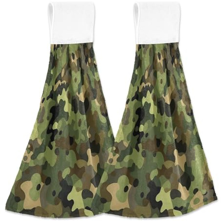 SyXIOP Camouflage Green Decorative Towels with Hook Loop Childrens washcloths White dishcloths 2 Piecing