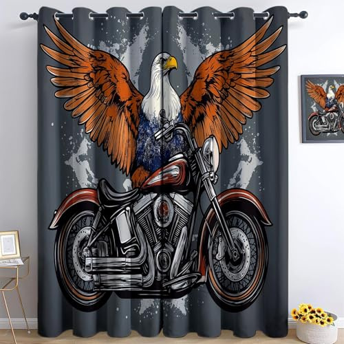 Kinderzimmer Lärmschutzvorhänge Dunkelgrau, Retro Motorrad Adler Blickdicht Gardinen Verdunklungsvorhänge mit Ösen Thermovorhang für Wohnzimmer Schlafzimmer Fenster Deko 2er Set, 245 x 140 cm