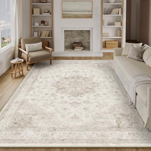PureCozy Vintage Tapis Salon 200x300cm Beige Chambre AntidéRapant Lavable en Machine Doux Grand Carpet Salle a Manger Descente de Lit Chambre Adulte Poil Ras Rug
