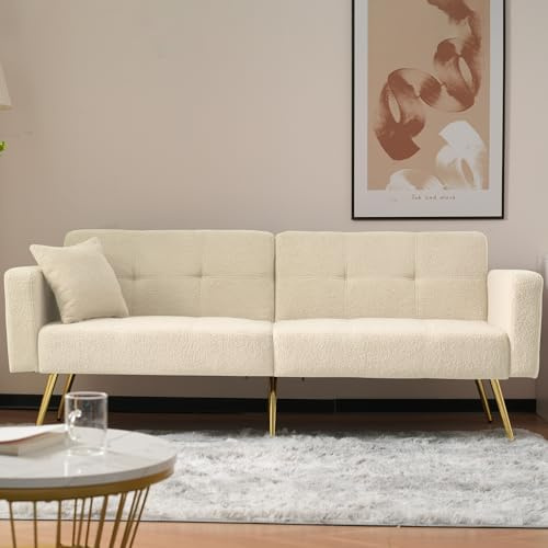 Rvjiahe Schlafsofa mit Bettfunktion, verstellbarem Winkel, goldenen Beinen, mit Kissen und seitlichen Aufbewahrungstaschen (Beige)
