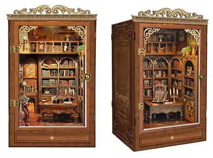 Library Book Nook Kit gör-det-själv miniatyr dockhus kit med LED-belysning | 3D-träpussel vintage bokhylla insatsdekoration, avkopplande gör-det-själv hobbyprojekt, semestergåva för vuxna