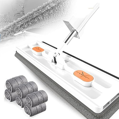 Juego de trapeador plano grande con cubo de microfibra para limpieza sin esfuerzo, junta giratoria de 360°, limpieza sin ha, incluye 6 almohadillas lavables, ideal para suelos de madera y azulejos
