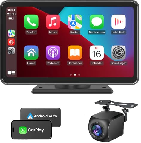 CarPlay Display, 7 Zoll Kabelloses Android Auto Monitor mit Rückfahrkamera | IPS Touchscreen Bildschirm, Bluetooth-Freisprecheinrichtung, Siri, Sprachassistent, GPS Navigation, MirrorLink, FM