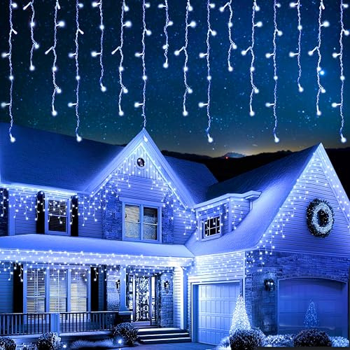 EcoNour Eiszapfen-Lichterkette für den Außenbereich, 360 LEDs, 10 m, kaltweiß, mit Timer für Weihnachten, Garten & Party | Netzbetriebenes, transparentes Kabel