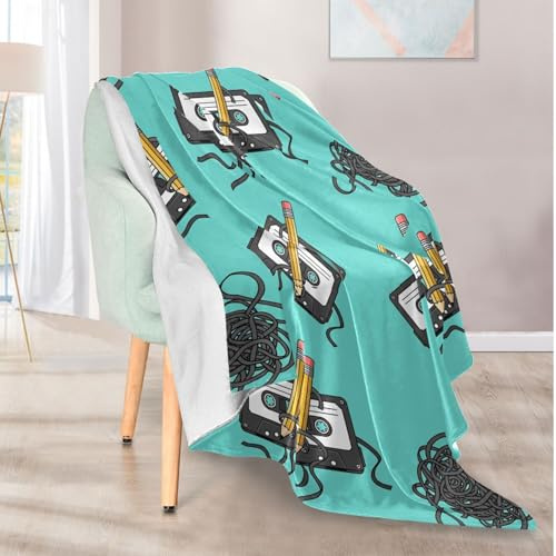 Exnundod Throw Blanket for Couch Cassette Tape Pencil Pattern Cozy Bed Blanket Warm Throw Blankets for Sofa Travel Camping 50x60 Inches
