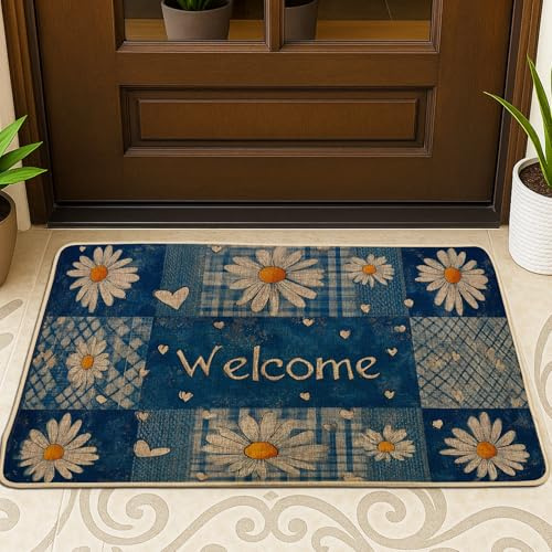 Tapete de puerta de crisantemo, diseño de corazones rústicos casuales a cuadros, color azul primavera, lavable, de perfil bajo, para casa, oficina, exterior, interior, entrada, decoración, 73 x 43 cm