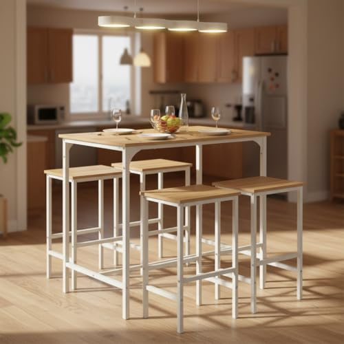 buybyroom Juego de mesa de bar con taburetes – Juego de comedor con 4 sillas en imitación de roble con vetas, 100 x 60 x 90 cm