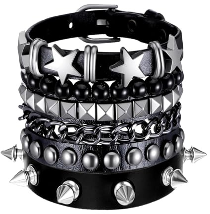 KNUIUYY Pulsera de Cuero Punk Unisex 4 Piezas, Brazalete Gótico con Tachuelas, Accesorio para Halloween pulseras ajustables de la década de 80, para fiestas de
