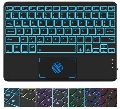 SOPPY Mini teclado Bluetooth retroiluminado con panel táctil, teclado inalámbrico recargable de 7 colores, batería de 30 horas, diseño del Reino Unido, ultradelgado, portátil, compatible con iPad