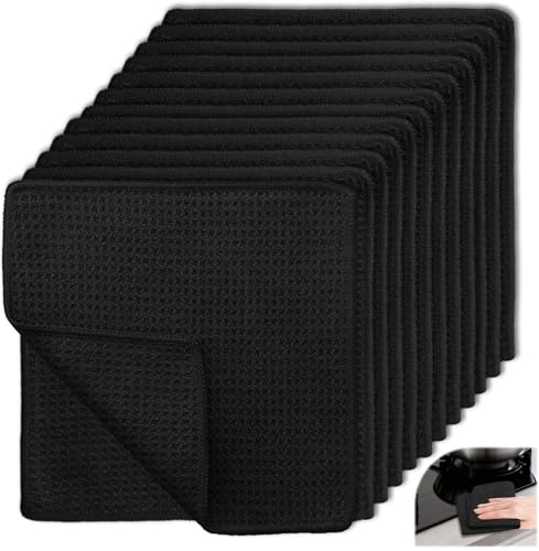 Nakutita 12 Stück Waschbare Spüllappen Schwarz, Waffeltücher Spültücher Mikrofasertücher Küche, 20x20 cm Geschirrtücher Microfaser Für Küche, Auto, Fenster, Glas, Bad