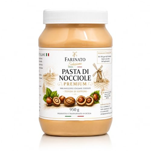 Pasta di Nocciole Premium 950g – 98% Nocciole Italiane Tostate Tonda di Giffoni – Pasta Pura per Gelato, Creme, Mousse e Pasticceria – Senza Olio di Palma – Farinato Selezione