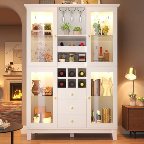 Yardi Yarda Buffet Cabinet with app-controlled LED lighting, Glass Doors Drink Cabinet with 6-Bottle Wine Rack, 3 Drawers and Wine Galss Holders, Anti-Tip Design, White