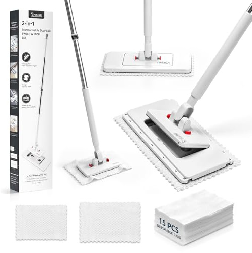 2-in-1 Dual Size Floor Mop with Detachable Head, Speed Mop Compatible with Flash Wipe, Flat Lazy Mops with 15 Dry Pads & Reusable Cloths, Kitchen Mop for Hardwood, Tile, Walls & Tight Spaces Cleaning