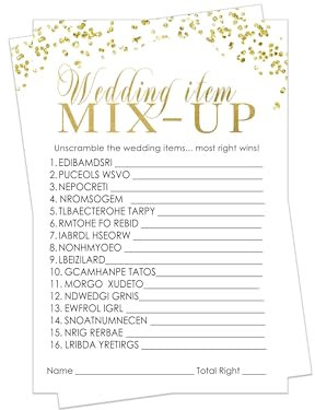 Konfetti Brautdusche Spiele (25 Stück) Wort Scramble Cards - Unscramble the List Activity - Verlobungsfeier - Proberessen - Hochzeit - Ideen für Braut - Schwarz und Gold Thema