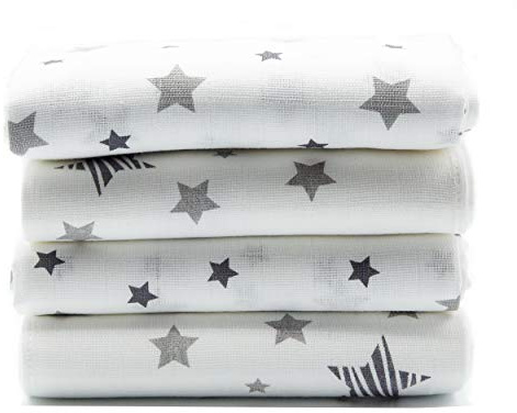 Clevere Kids Mulltücher Sterne SUPERIOR - 80x80 - Set 4 Stück - Öko-Tex Standard 100 (Pictor weiß-hellgrau)