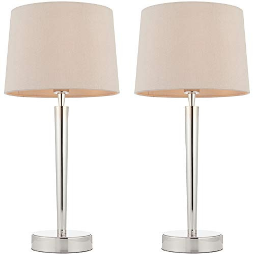 2 Pack | 40W E14 | 515mm Tall Modern Table Lamp Light, Built-in USB Charger | Bright Nickel Base & Mink Fabric Shade | Round Bedroom Bedside Sideboard Office Desk Reading Feature Lighting | LED