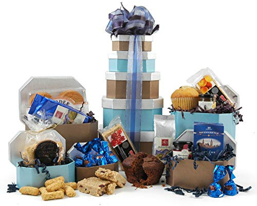 Tea & Coffee Break Gift Tower | 5-Tier Hamper with Fresh Coffee, Tea, Artisan Biscuits & Baked Treats | Reusable Cocoa & Sky Blue Boxes