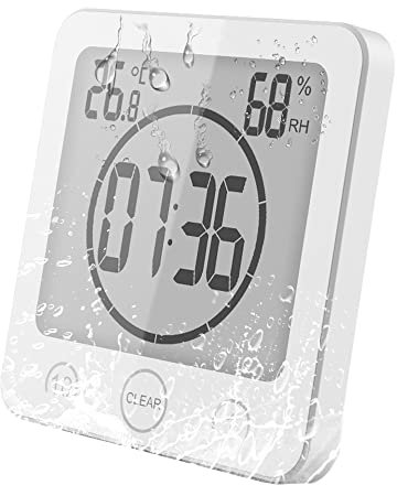 VORRINC Reloj de Baño Temperatura Reloj Digital Reloj Despertador Digital, LCD Reloj de Ducha Digital Control Táctil, Termómetro Higrómetro Termohigrómetro de Interior