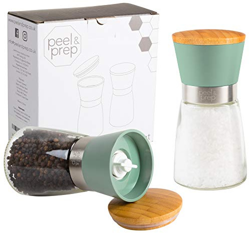 peel & prep Salt and Pepper Grinder Set - Premium Quality Ceramic Grinders - Easy to Fill and Use - Season to Perfection with Adjustable Grinder - Wooden Lids to Retain Freshness - Large Capacity