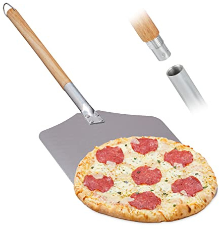Relaxdays Pizzaschaufel, Aluminium, Langer Holz Stiel, Natur/Silber | professioneller Gastro Ofenschieber, 30,5 x 30,5 cm
