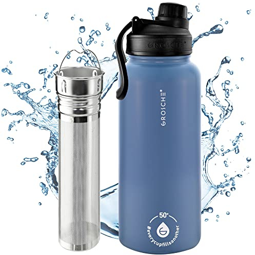 GROSCHE Chicago Stainless Steel Tea Infuser Flask | Beverage Bottle | Hot & Cold Drinks | Loose Leaf Tea Infuser | Travel Convenience Water Bottle | 32 fl oz, Blue