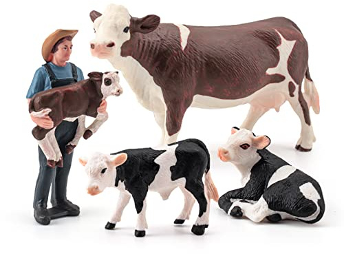 LC JoyCre Realistic Cows Toys for Kids 4pcs Simmental Cow Holstein Calf Lying Calf Cake Topper Farm Animal Set Deco Collection School Gift for Toddlers