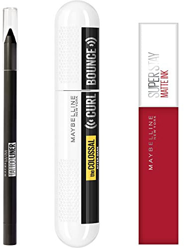 Maybelline New York Wasserfestes Make-up-Set, Curl Bounce Mascara, Tattoo Liner Gelstift und Superstay Mate Ink Lippenstift, All Night Long, 5 Stück
