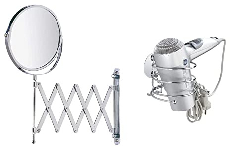 WENKO Kosmetik-Wandspiegel Teleskop Exclusiv, Kosmetikspiegel mit 100%-Spiegelfläche & 3-Fach Vergrößerung : Ø 17 cm & höhenverstellbar, 19 x 38,5 x 50 cm, Chrom & Turbo-Loc® Haartrocknerhalter