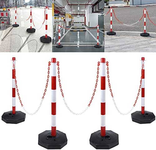 Yznahre 4 Stück Kettenpfosten Set, inkl. 4x Absperrpfosten und 4x 1.4m Absperrketten, Absperrpfosten Begrenzung Absperrung Absperrkette Parkpfosten Sperrpfosten aus Kunststoff, 28 x 28 x 82 cm