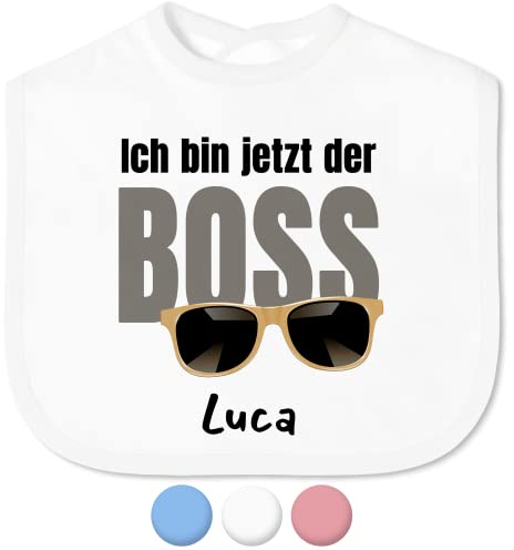 True Statements Baby Lätzchen „Ich bin jetzt der Boss“ mit Namen personalisiert für Mädchen & Jungen - mit Klettverschluss – Spucktuch Latz Kinderlätzchen – Baby-Geschenke Taufgeschenke