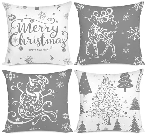 Miaikoe Weihnachtskissenbezüge 45x45 Set von 4 Weihnachtsdekoration Bäume Hirsch Schneemann Frohe Weihnachten Dekorative Urlaub Bauernhaus Kissenbezüge für Urlaub Weihnachtsdekoration (grau)