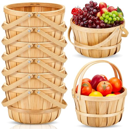 Marsui 6 Stück 27,9 x 16,5 cm große runde Holzkörbe, Apfelkörbe, Obstkörbe, Bauernhof, Ernte, tragbarer Gartenkorb mit Griff zur Aufbewahrung, Organisation persönlicher oder gewerblicher Nutzung
