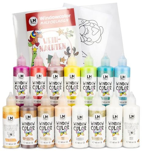 LM-Kreativ Window Color 15er Set - Weihnachten - mit 13 Farben, 2 Konturen & Weihnachtlichen Malvorlagen für festliche Fensterbilder. Wasserbasierte Fensterfarben, ideal zum Verschenken & Dekorieren