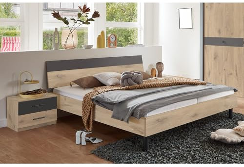 Lomadox Schlafzimmer Set 3-teilig mit Bett 180x200 cm, 2X Nachttisch, Eiche mit Graphit