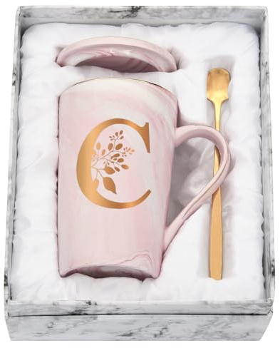 Joymaking Personalisierte Tasse mit Buchstaben Kaffeetasse mit Blumen Motiv, Namen Initiale persönliche Geschenke Kaffeetasse für Frauen Freundin, C - 400ml Rosa